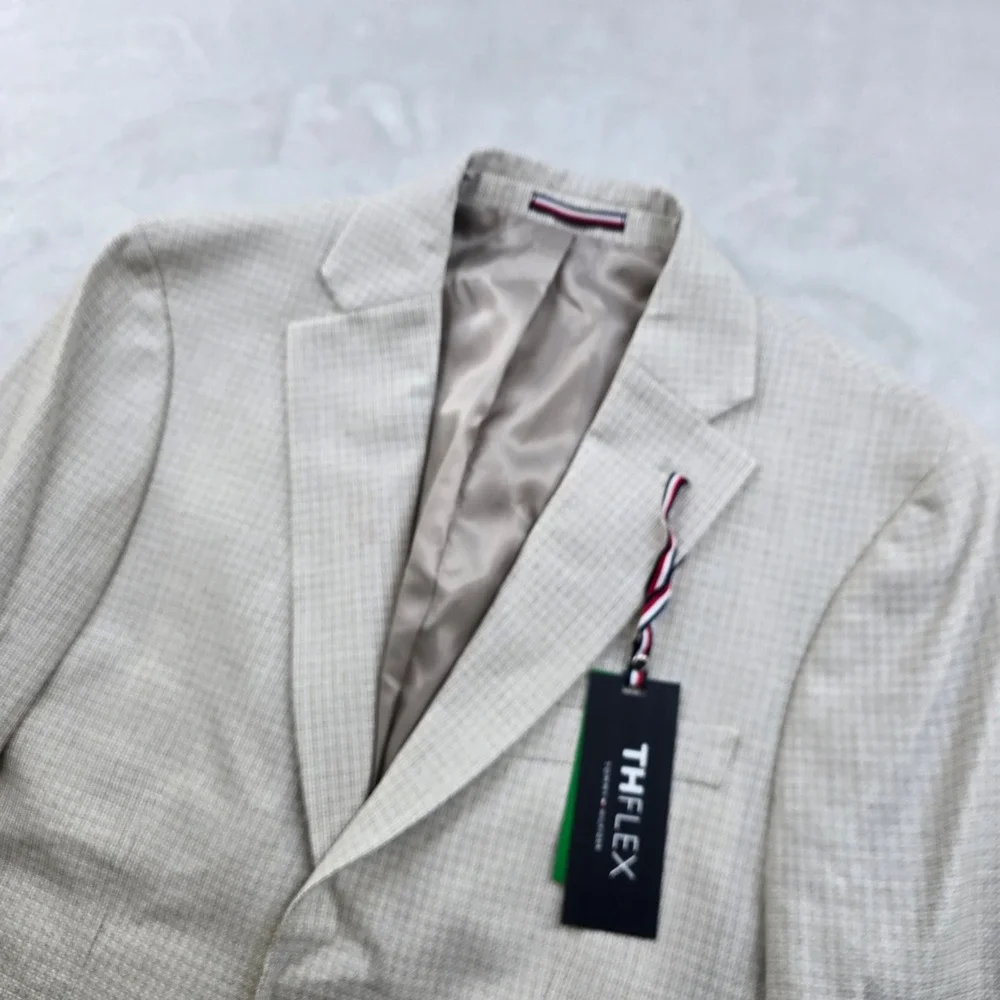 Tommy‎ Hilfiger Modern Fit Sport Coat Mens 36S White Tan Beige Check Blazer NEW